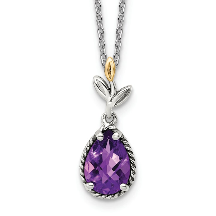 Sterling Silver Antiqued with 14K Accent Leaves Pear Amethyst with
2-inch Extension Necklace