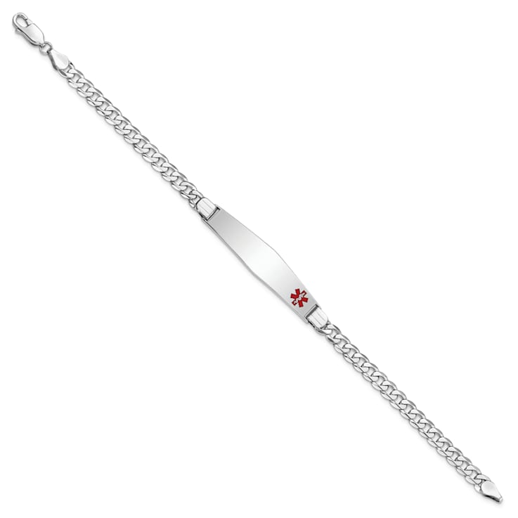 Rhodium Over 14k White Gold Medical Soft Diamond Shape Red Enamel Flat
Curb Link ID Bracelet