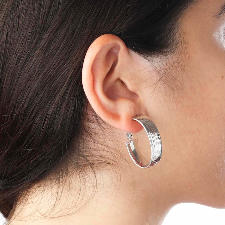 Sterling Silver Diamond Cut Oval Hoop Earrings with Omega Back