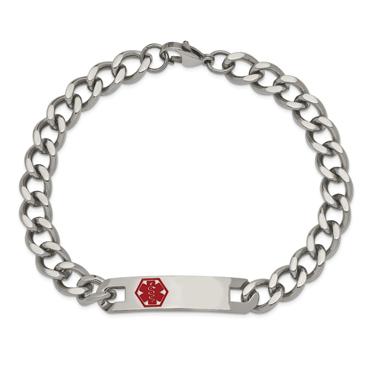 Stainless Steel Polished with Red Enamel 9.5-inch Medical ID Bracelet