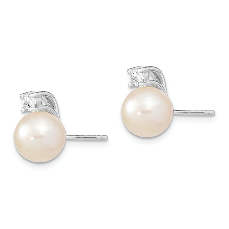Rhodium Over Sterling Silver  8-9mm White Round FWC Pearl Cubic Zirconia
Post Earrings