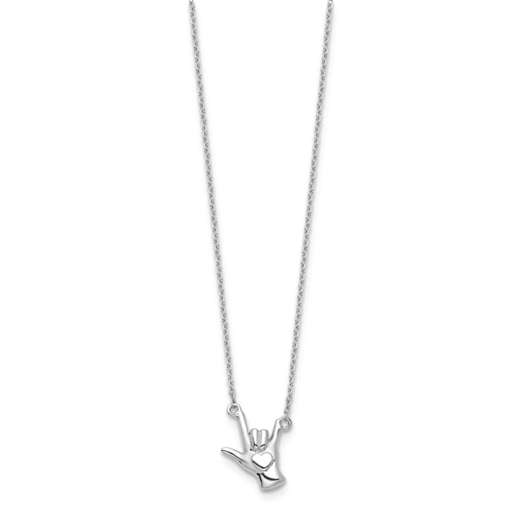 Sterling Silver Rhodium-plated I Love You Hand Signal Necklace