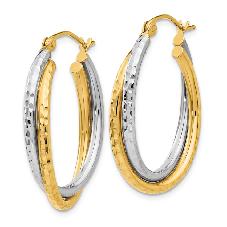 14k Yellow Gold and 14k White Gold 1 1/8" Diamond-Cut and Polished
Oval Hoop Earrings