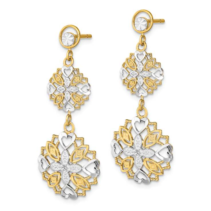 14k Yellow Gold and Rhodium Over 14k Yellow Gold Diamond-Cut Flower and
Heart Dangle Earrings