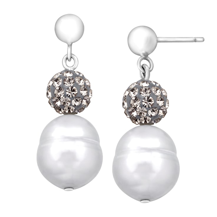 White Freshwater Pearl with White Crystal Accents Sterling Silver
Necklace and Earrings Set