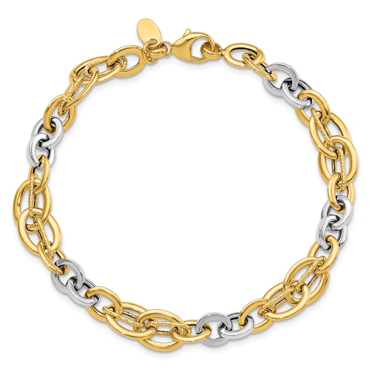 14k Yellow Gold and 14k White Gold Polished and Textured Fancy Link Bracelet