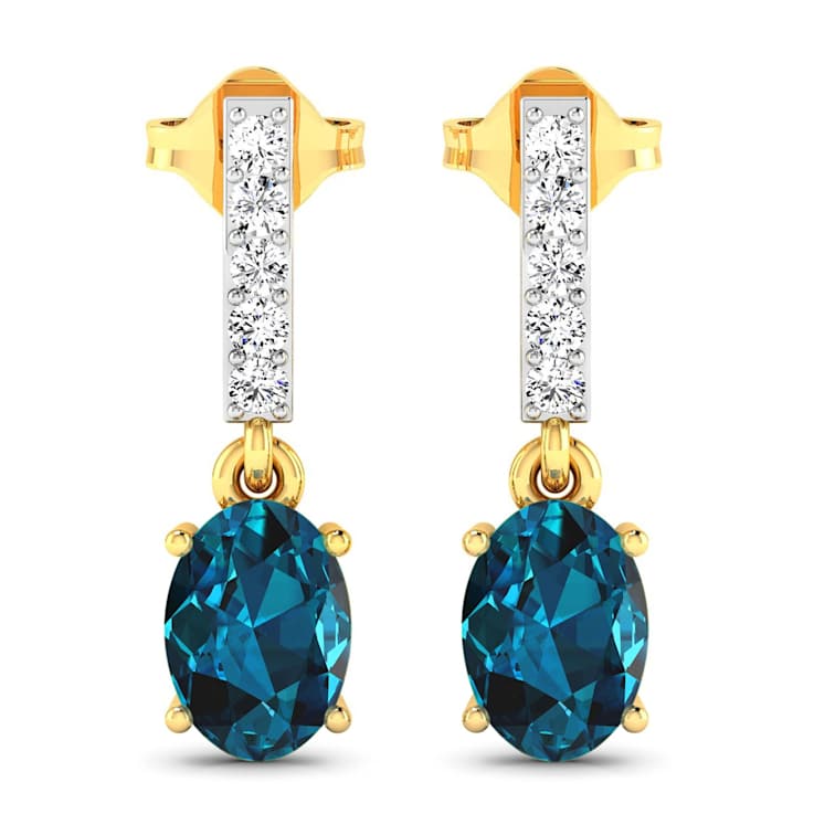 1.40ctw 14K Yellow Gold London Blue Topaz and White Diamond Halo Earrings