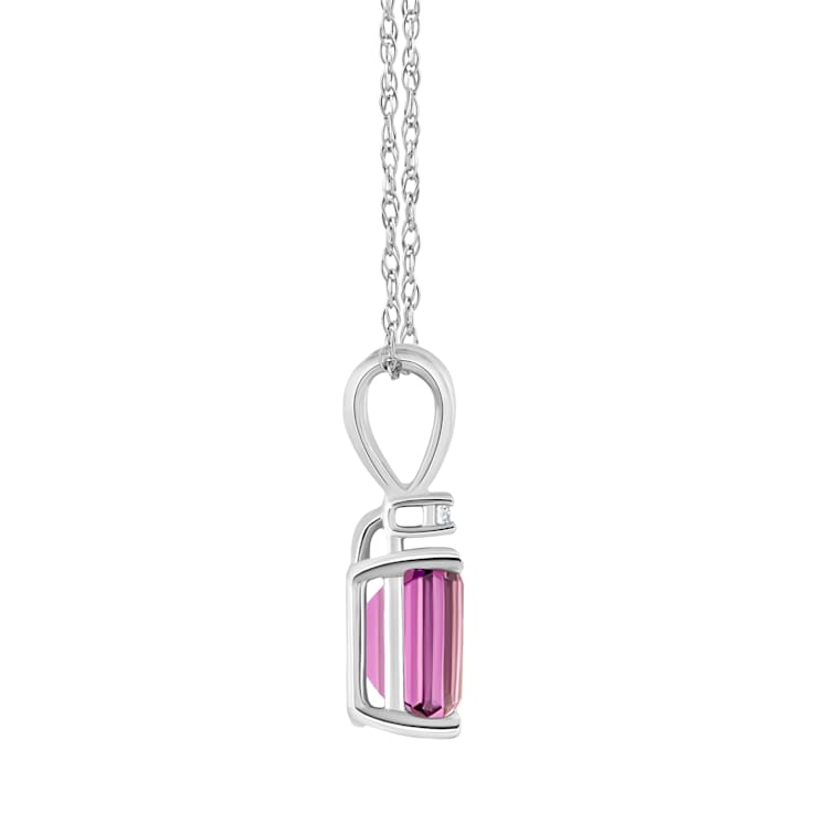 7x5mm Emerald Cut Pink Topaz with Diamond Accent 14k White Gold Pendant
With Chain