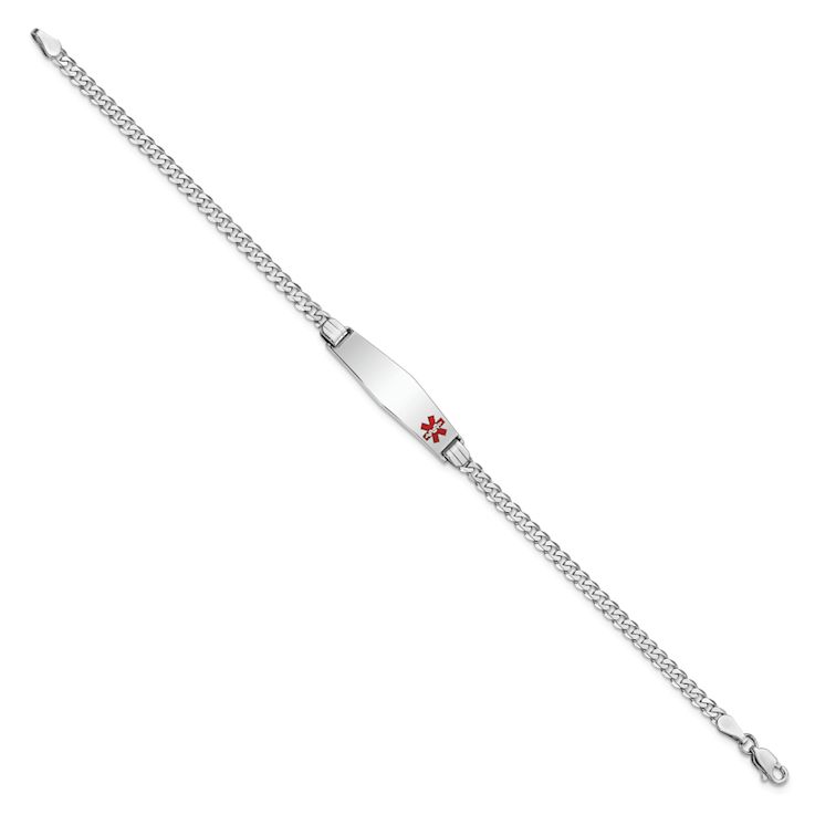 Rhodium Over 14k White Gold Medical Soft Diamond Shape Red Enamel Flat
Curb Link ID Bracelet