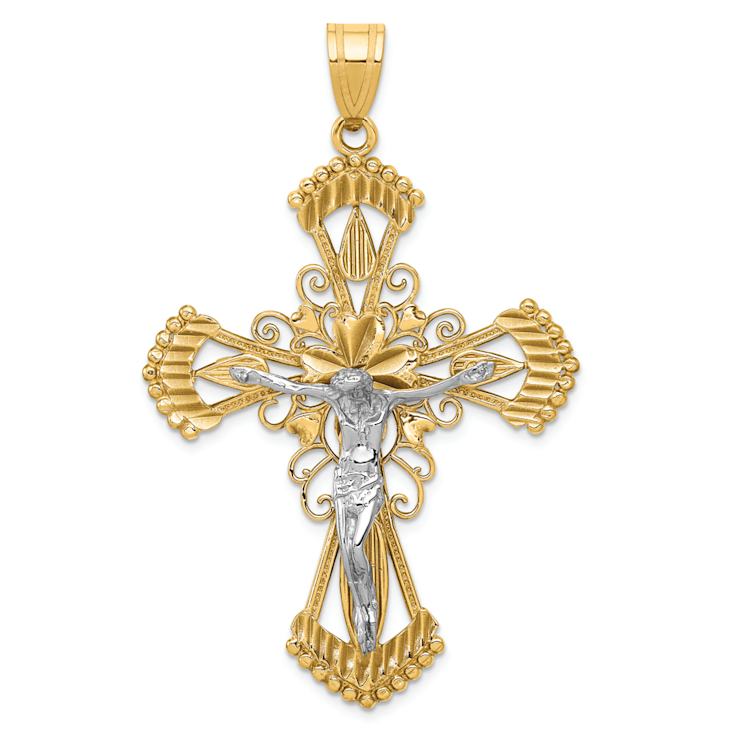 14k Two-tone Gold Diamond-Cut and Textured Crucifix Pendant