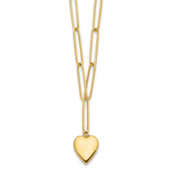 14K Yellow Gold Polished Heart Paperclip Link Necklace
