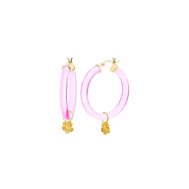 14K Yellow Gold Over Sterling Silver Acrylic Mini Flower Charm Hoop
Earrings in Pink