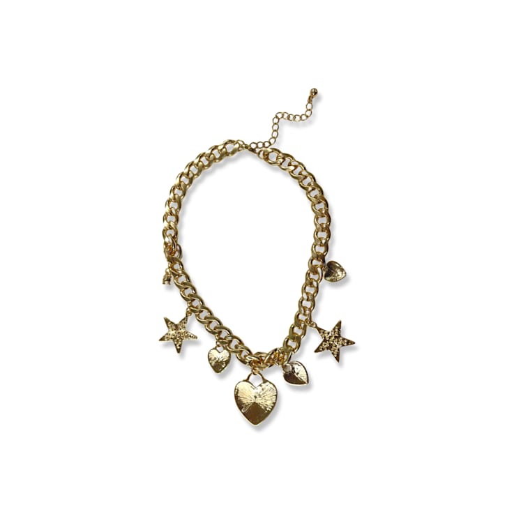 Gold Tone Crystal Stars and Heart Charms Pendant Necklace.