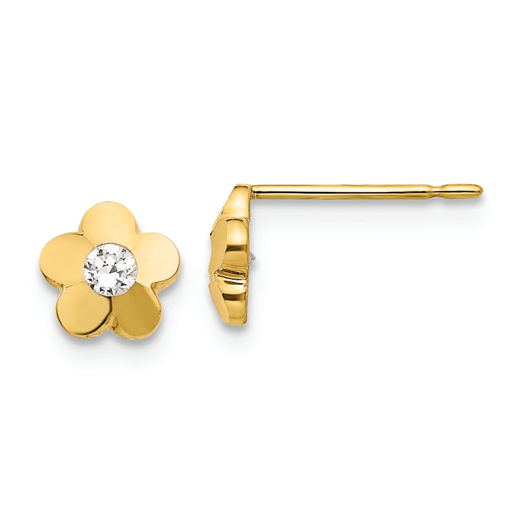 14K Yellow Gold Cubic Zirconia Diamond-cut Children's Flower Post Earrings