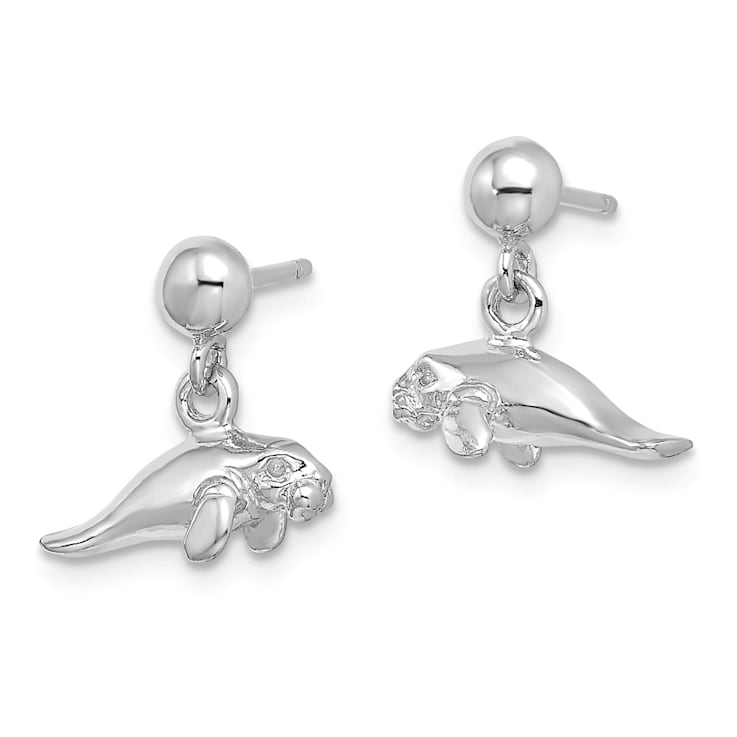Rhodium Over 14k White Gold 3D Polished Mini Manatee Dangle Earrings