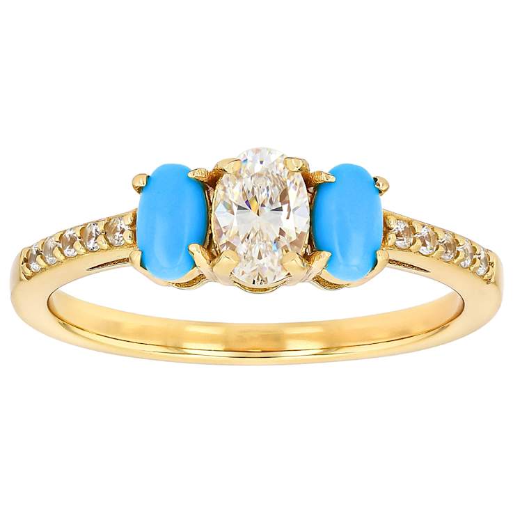 Diamond Simulant, Turquoise, 3-Stone Ring In 18K Gold Over Sterling
Silver 0.81ctw