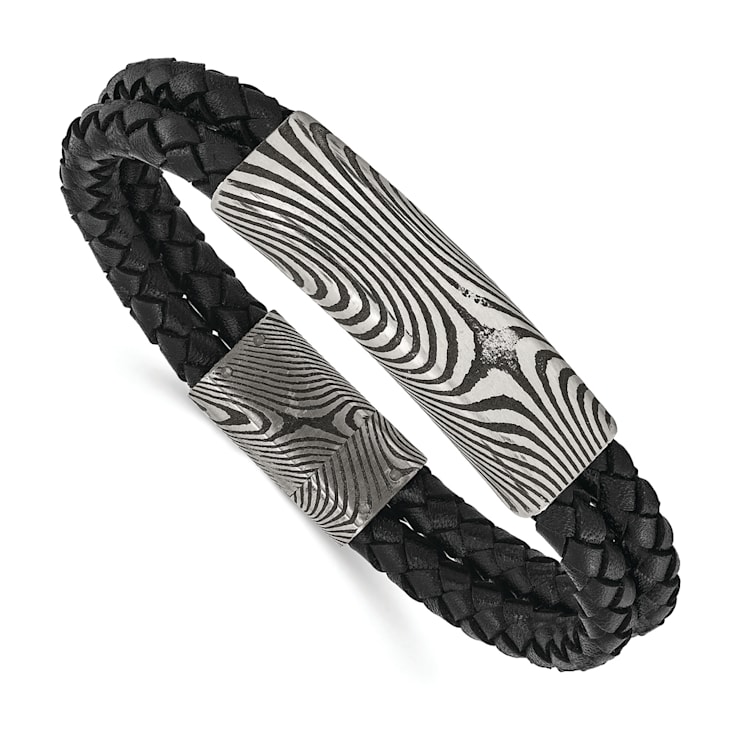 Black Leather and Stainless Steel with Damascus Steel Bracelet