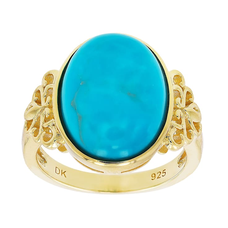 Turquoise Oval Solitaire Ring In 18K Gold Over Sterling Silver