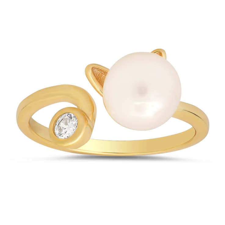 White Cubic Zirconia and 8mm Cultured Freshwater Pearl 14k Yellow Gold
Over Silver Cat Ring 0.10ctw