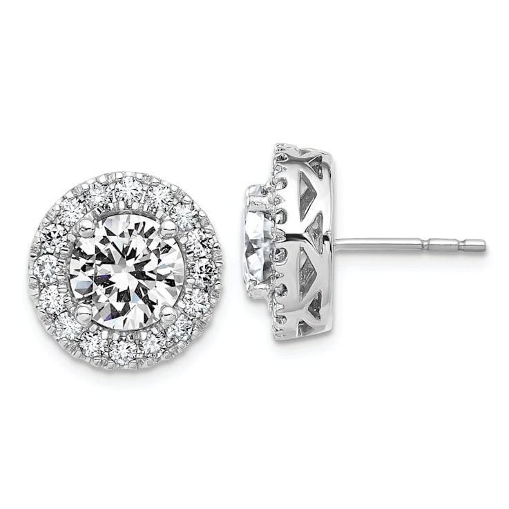 Rhodium Over 14K White Gold Round Halo G H I True Light Moissanite Earrings