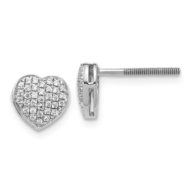 Rhodium Over 14k White Gold Diamond Studded 6mm Heart Stud Earrings
