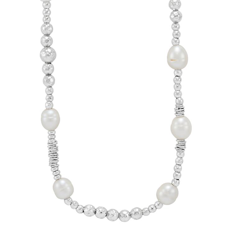 8-11mm Round White Freshwater Pearl and Sterling Silver Beads Station Necklace