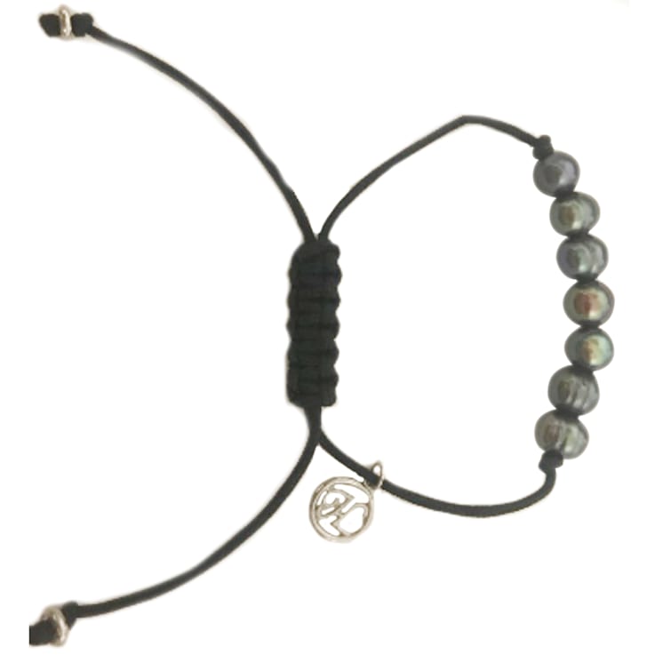 6-7MM Round Black Freshwater Pearl Black Cord Bolo Bracelet with
Stainless Steel Accent Tag