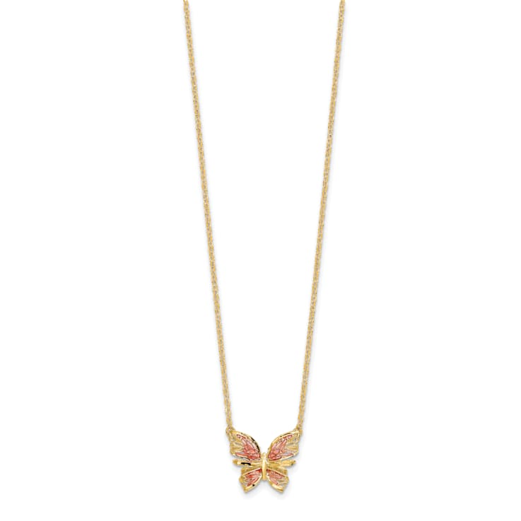 14K Yellow Gold Polished Diamond-cut with Pink Enamel Butterfly Necklace