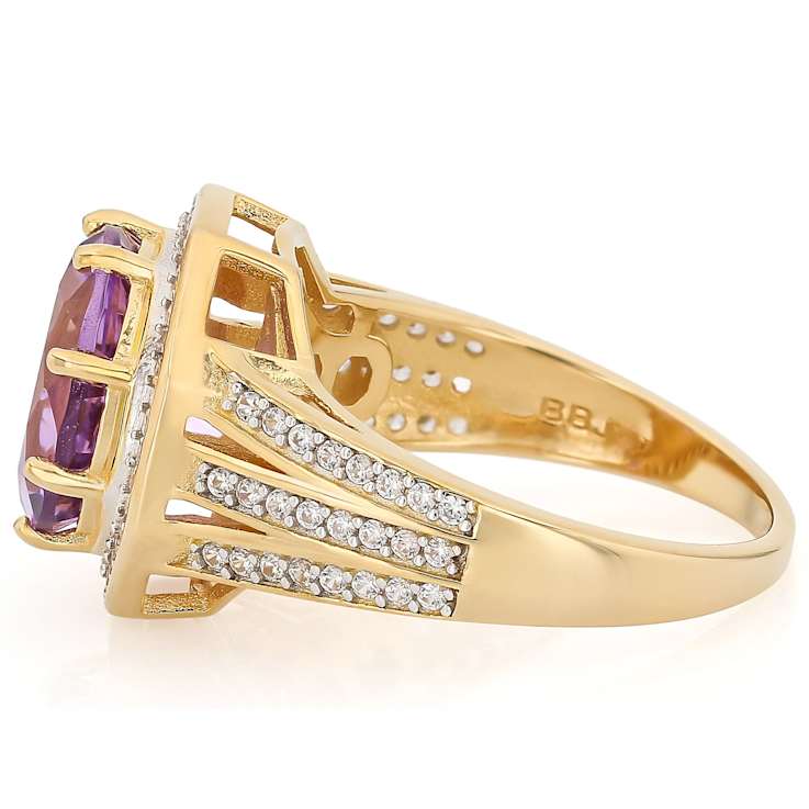 Amethyst Round And White Zircon Ring In 18K Gold Over Sterling Silver 4.29ctw