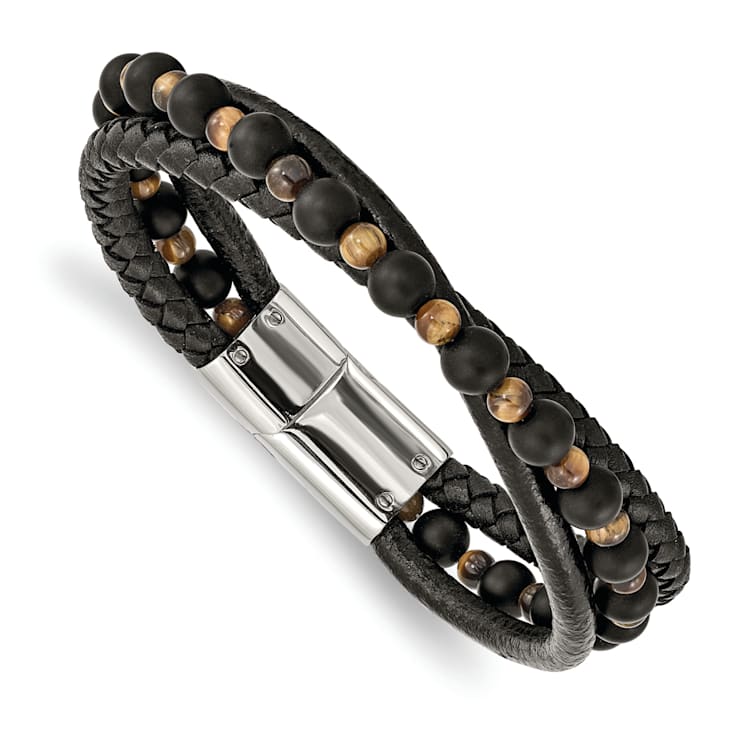 Leather and Stainless Steel Polished with Tiger's Eye and Black Agate
8.25-inch Bracelet