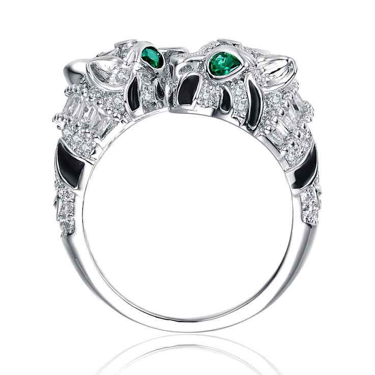 Emerald Color CZ Panther Bypass Ring In White Rhodium Over Brass
