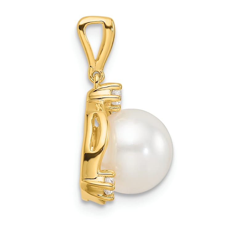 14K Yellow Gold Lab Grown Diamond and Freshwater Cultured Pearl Pendant 0.12ctw