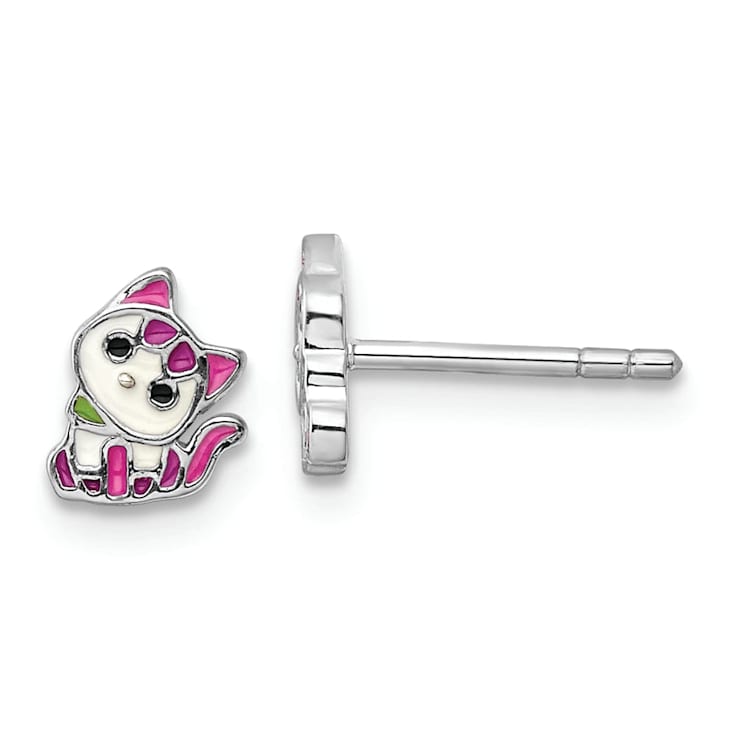 Rhodium Over Sterling Silver Enamel Kitty Children's Post Earring