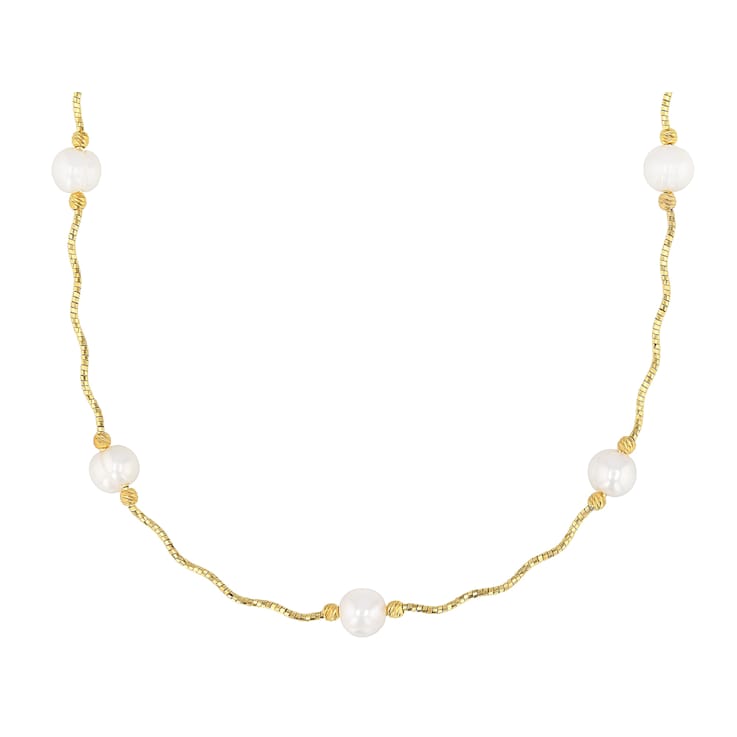 Freshwater Pearl Station Necklace In 18k Yellow Gold Over Sterling
Silver Necklace