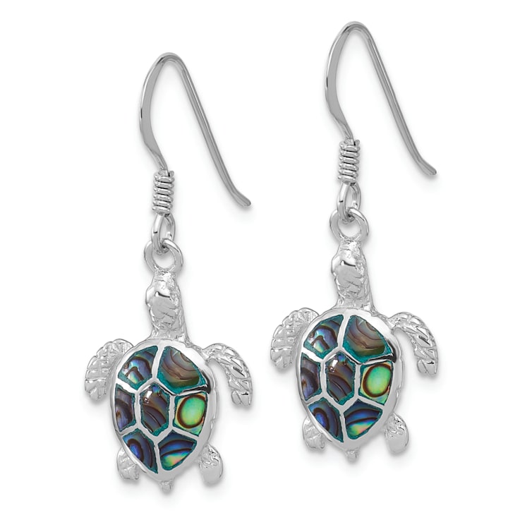 Rhodium Over Sterling Silver Polished Paua Shell Turtle Dangle Earrings