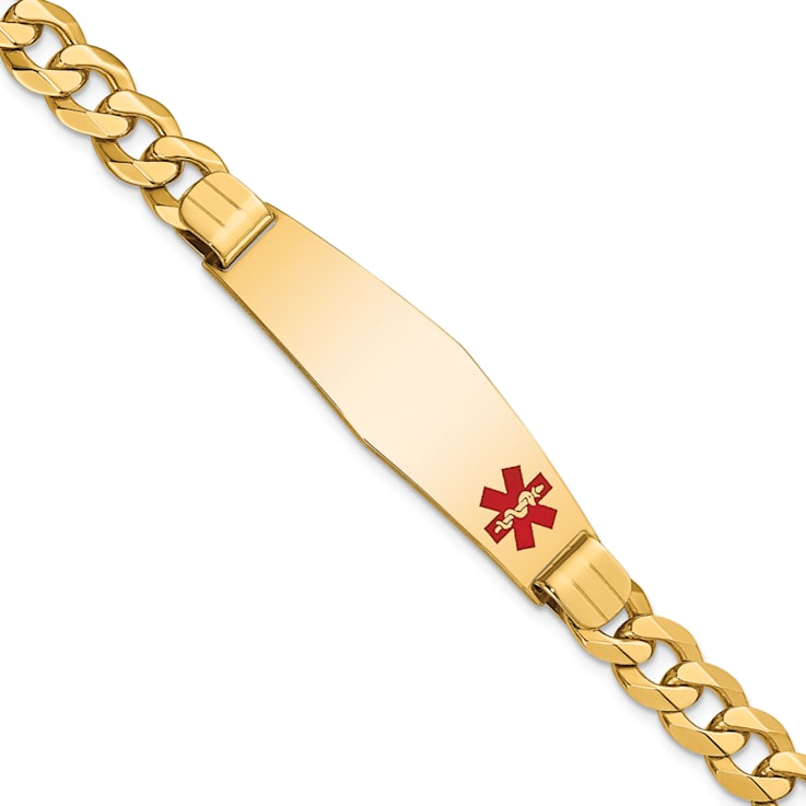 14k Yellow Gold Medical Soft Diamond Shape Red Enamel Flat Curb Link ID Bracelet