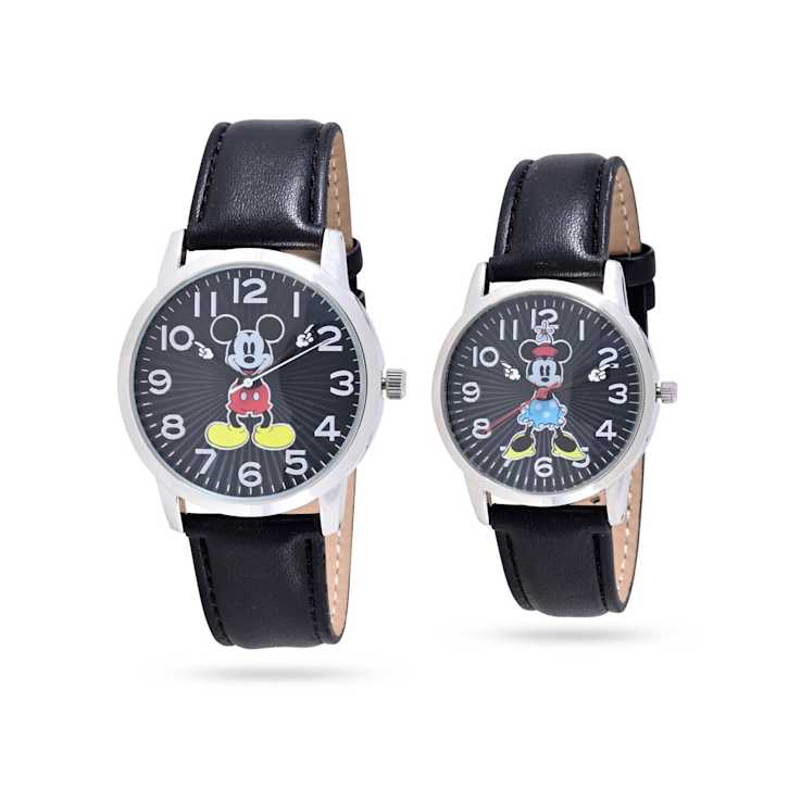 Disney Mickey and Minnie His and Hers Black Vegan Leather Band Watch Set
of 2