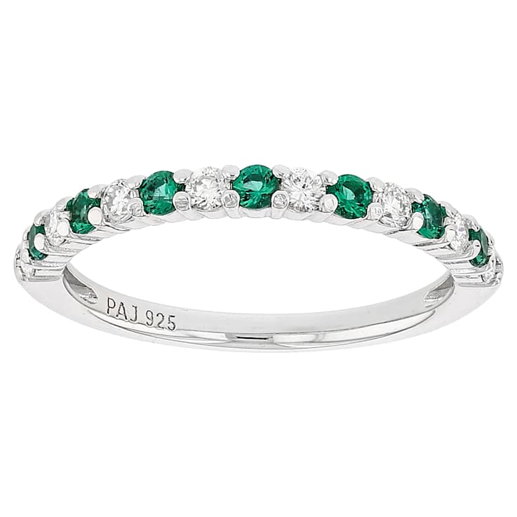 Lab-Created Emerald And Diamond Band Ring In Sterling Silver