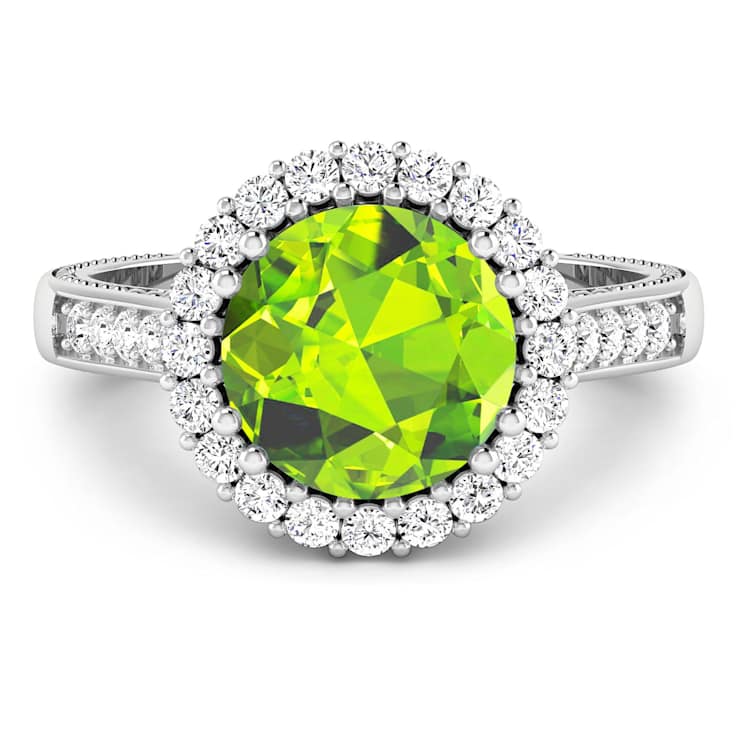 Round Green Peridot and Diamond 14K White Gold Halo Ring 3.14 ctw