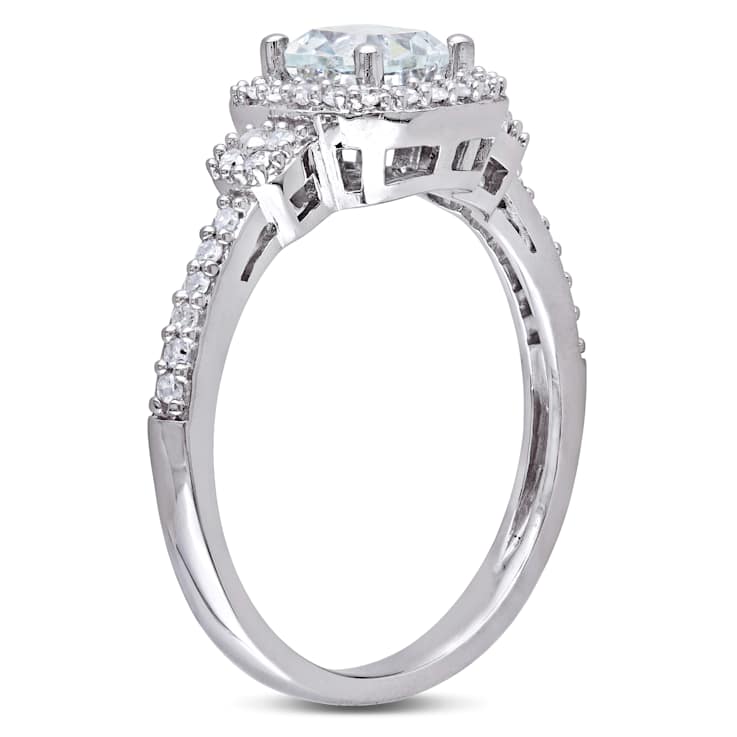 Aquamarine and Diamond 10K White Gold Halo Ring 0.69ctw