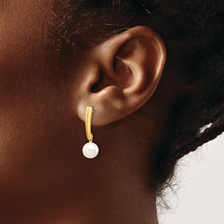 10k Yellow Gold 6-7mm White Round Freshwater Cultured Pearl Dangle Earrings