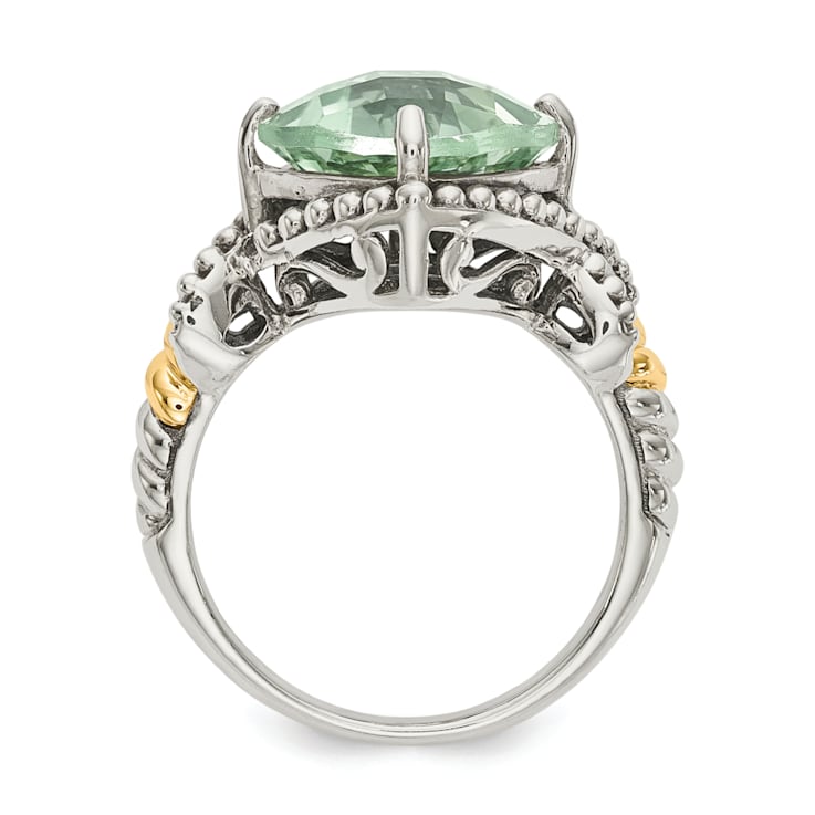 Sterling Silver with 14K Accent Antiqued Prasiolite Cushion Ring