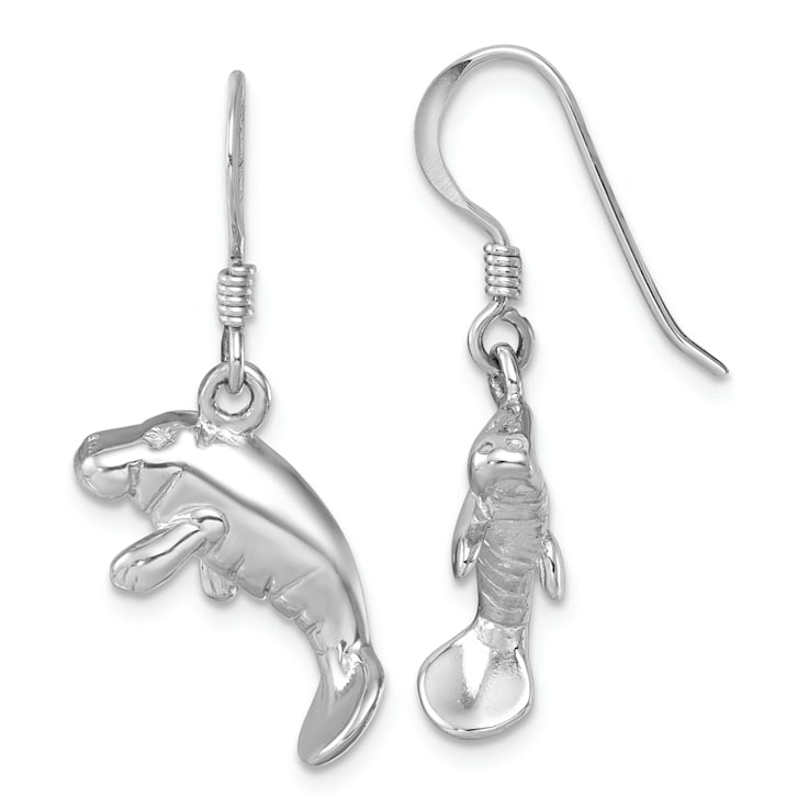 Rhodium Over Sterling Silver Polished Manatee Dangle Earrings