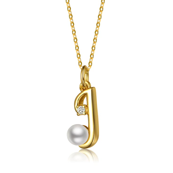 Initial J Pear Shape CZ And Pearl Pendant Necklace In 14K Gold Over Brass
