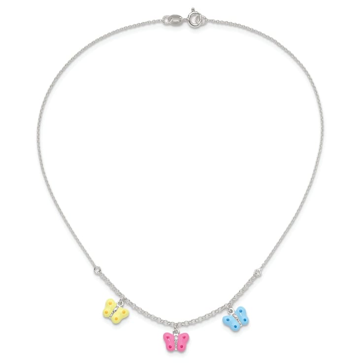 Sterling Silver Polished Enameled Three Butterfly Children's Necklace