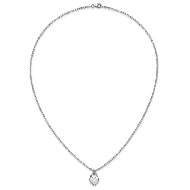 Rhodium Over Sterling Silver Polished Cubic Zirconia Heart Lock Necklace