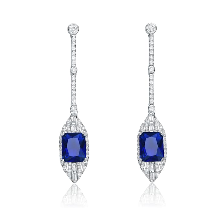 Sapphire Color CZ Square Drop Earrings In Sterling Silver