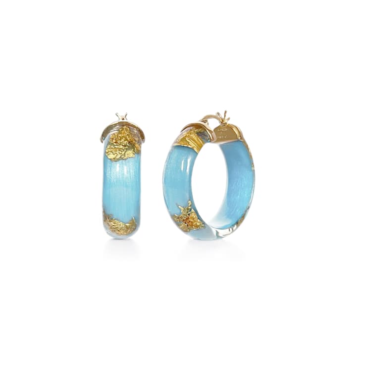 14K Yellow Gold Over Sterling Silver Mini Gold Leaf Acrylic Hoops in Ice Blue