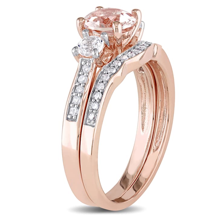 Morganite, Created White Sapphire and Diamond 10K Rose Gold Ring 1.27ctw