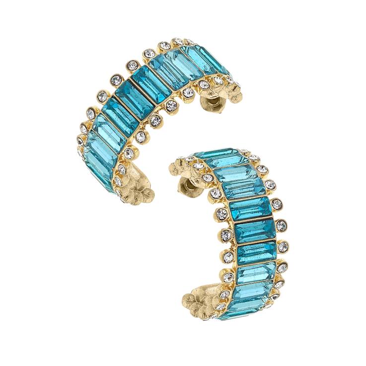Katherine Gold Tone Rhinestone Baguette Aqua Hoop Earrings